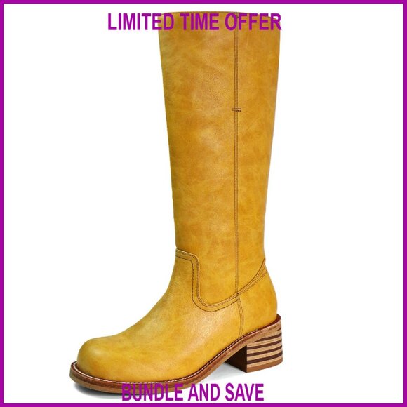 Knee High Boots Square Toe Chunky Heel Wide Calf Comfortable Platform